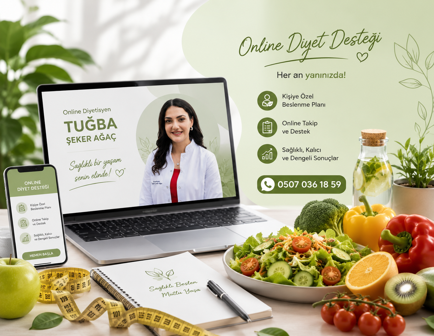 Online diyet desteği — kişiye özel beslenme süreci bilgilendirme görseli